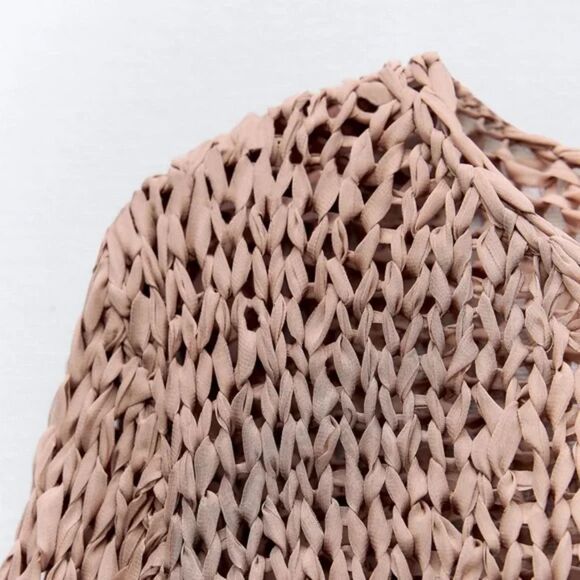 Tan Zara Loose Open Knit Braid Weave Round Neck Pullover Tunic Sweater (NWT) - Picture 2 of 3